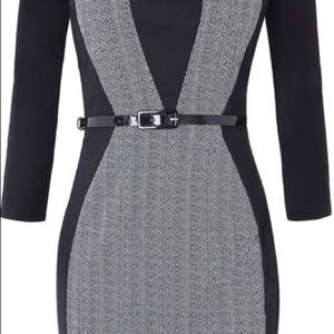 Black & Gray Color Block Belted Bodycon Dress